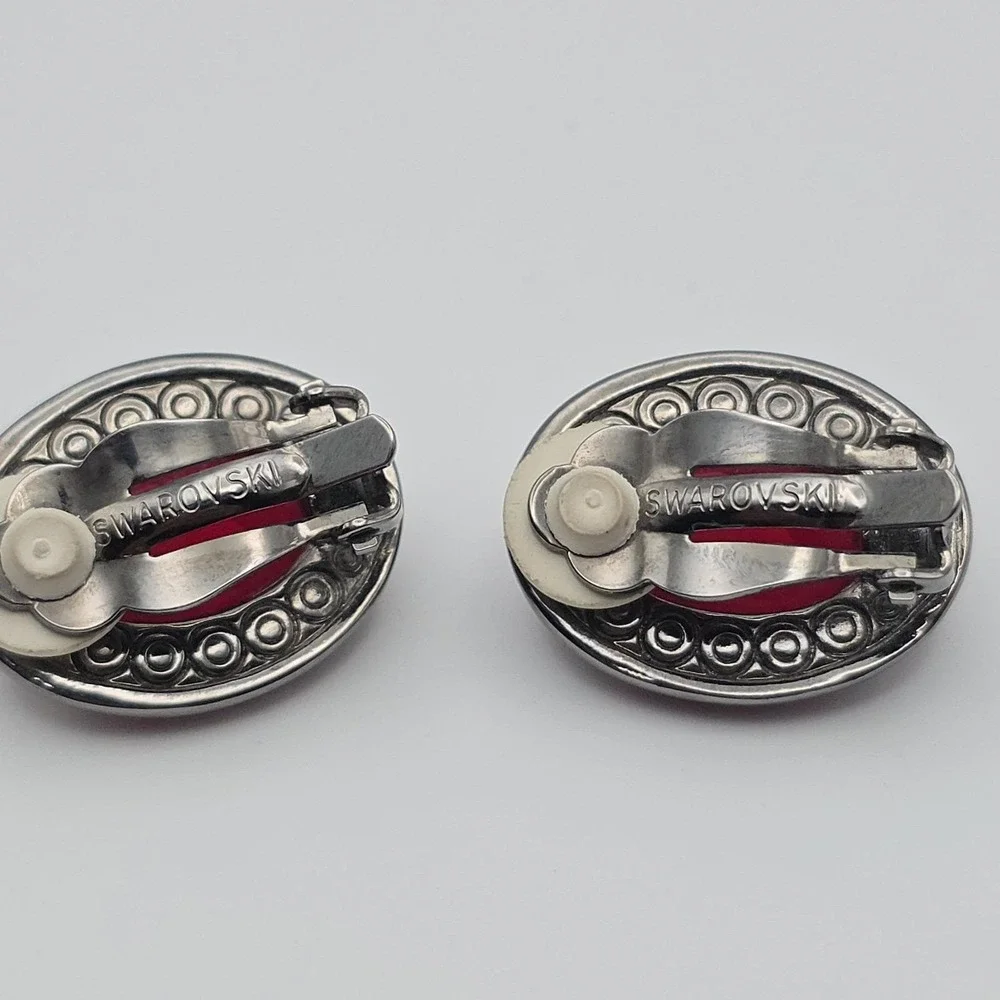 VTG SWAROVSKI Earrings Austrian Crystal Wine Red Gunmetal‎ Grey Clip-Ons Signed